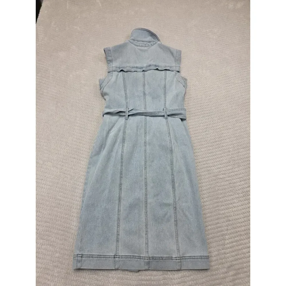 White House Black Market Dress Womens 0 Denim Jumper Sleeveless Belted - Picture 6 of 7